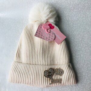 Juicy Couture  Knit Beanie Pom Pom Rhinestone Logo Crown Faux Fur Lining